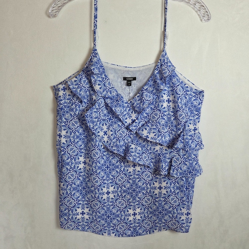 NWT Express Cami Top Women M Adjustable Blue White Ruffle Euro Vaca Summer Boho